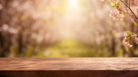 Wooden table in front of blooming sakura tree in springの素材