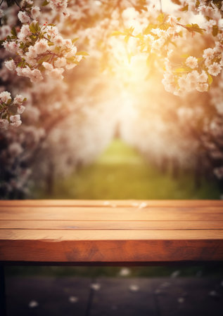 Wooden table in front of blooming cherry tree. Spring backgroundの素材