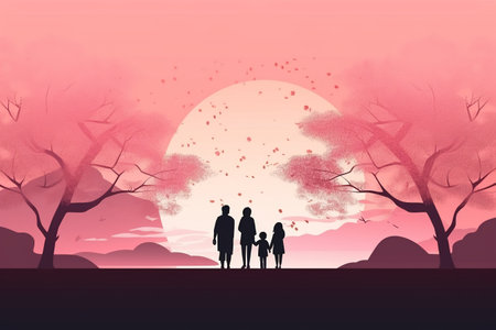 Family with children in the park at sunset, vector illustration background.の素材