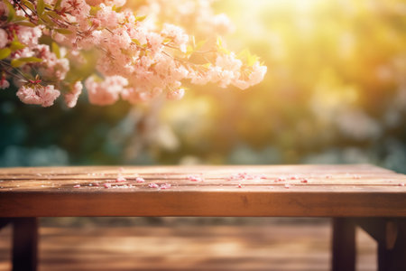Wooden table in front of spring cherry blossoms. Selective focus.の素材