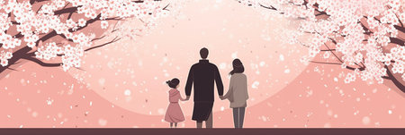 Cherry blossom background with happy family. Mother, father and daughterの素材