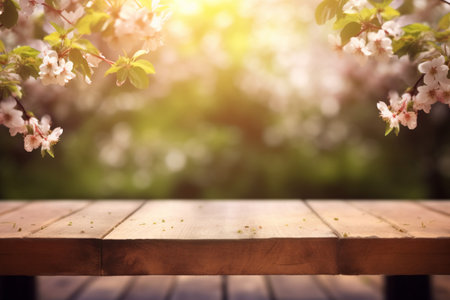 Wooden table in front of blooming cherry tree. Spring backgroundの素材