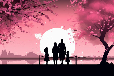 Cherry blossom background with family silhouettes, vector illustration.の素材