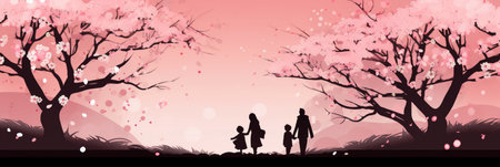 Cherry blossom spring background with family silhouettes vector illustration.の素材
