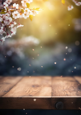 Wooden table and spring cherry blossoms on bokeh backgroundの素材