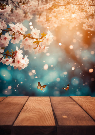 Wooden table with cherry blossoms and butterflies on bokeh backgroundの素材