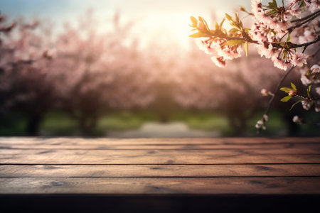 Wooden table in front of blooming cherry tree in spring.の素材