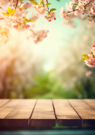 Wooden table and cherry blossom tree in spring, filtered imageの素材