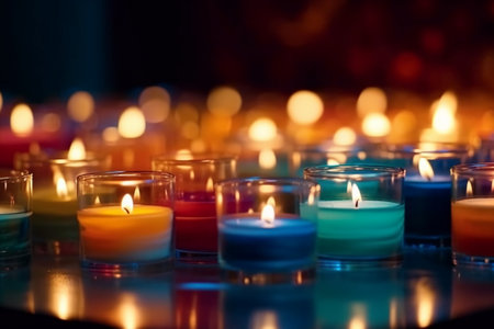 Colorful candles on a dark background. Shallow depth of field.の素材