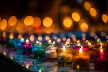 Colorful candles in a row in front of a dark background.の素材