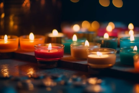 Burning candles on a dark background. Selective focus. Holiday.の素材