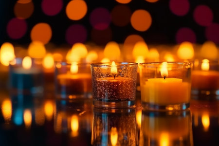 Burning candles in glass on black background with bokeh effectの素材
