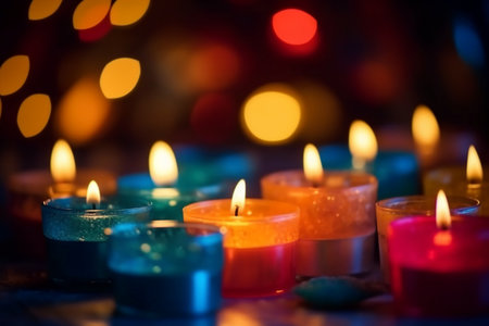 Colorful candles with bokeh background, close-up.の素材