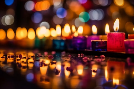 Burning candles in the dark with bokeh background, selective focusの素材