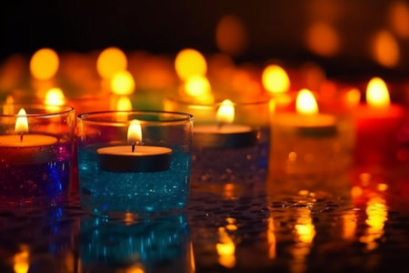 Burning candles in glass on a dark background. Selective focus.の素材