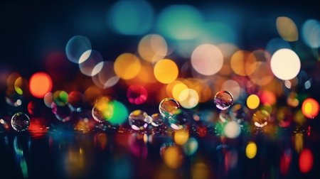 Colorful bokeh background with water drops on glass surface.の素材