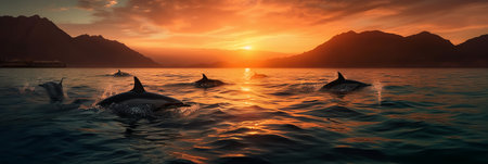 Dolphins swimming in the sea at sunset. 3d rendering.の素材