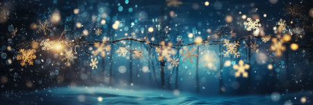 Winter forest at night with snowflakes and bokeh lightsの素材