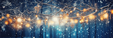 Winter background with Christmas lights and snowfall. New year concept.の素材