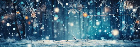 Winter forest with snow covered trees and bokeh lights. Christmas background.の素材
