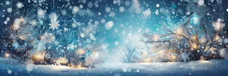 Winter forest with snow covered trees and lights. Panoramic bannerの素材