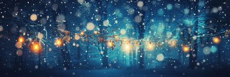 Winter forest with glowing garland. Christmas and New Year background.の素材