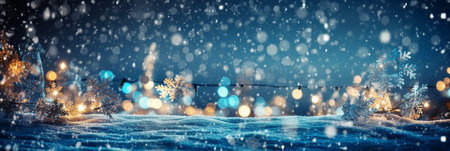 Winter background with snow covered trees and bokeh lights. Panoramaの素材