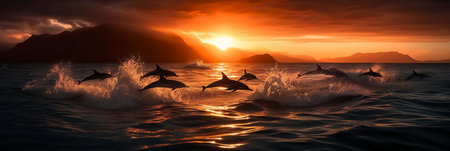 Dolphins jumping out of the water at sunset. 3d renderingの素材