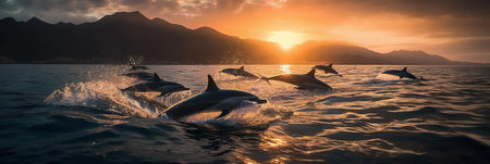 Dolphins jumping out of the water at sunset. Panoramic images.の素材
