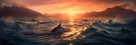 Dolphins jumping out of the water at sunset. Panoramic imagesの素材