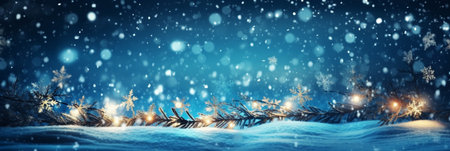 Christmas background with fir branches, lights and snowflakes. Panoramaの素材