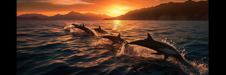 Dolphins jumping out of the water at sunset. 3d renderの素材