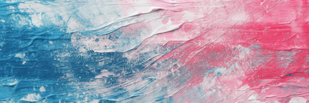 Blue, pink and white abstract acrylic painting on canvas texture. Horizontal banner with copy spaceの素材