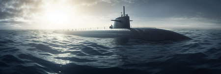 Submarine in the sea at sunset. 3d render illustration.の素材