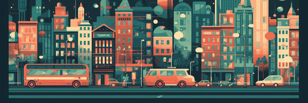 City street with buildings, cars and people. Vector illustration in flat styleの素材