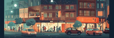City street with people and cars at night. Vector illustration in flat styleの素材