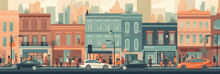 City street with people, cars and buildings. Vector illustration in flat styleの素材