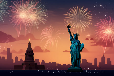 New York cityscape with Statue of Liberty and fireworks. Vector illustrationの素材