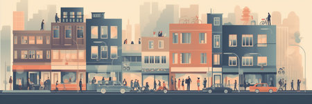Cityscape with people walking on the street. Vector illustration in flat styleの素材