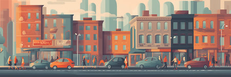 City street with cars and people. Vector illustration in flat style.の素材