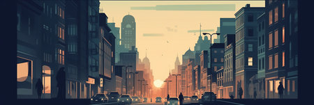 City street at sunset. Vector illustration in flat style. Urban landscape.の素材