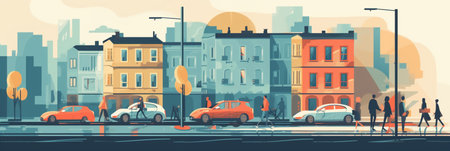 Cityscape with cars and people. Vector illustration in flat style.の素材
