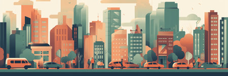 Cityscape with skyscrapers and cars. Vector illustration in flat styleの素材