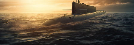 Submarine in the sea at sunset. 3d render illustration.の素材