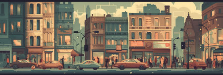 City street with people and cars. Vector illustration in retro style.の素材