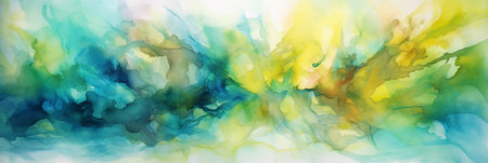 Abstract watercolor background. Blue, green and yellow colors. Ink in water.の素材