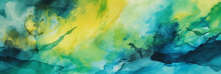 Abstract hand painted watercolor background. Blue, green and yellow colors.の素材