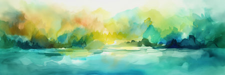 Abstract watercolor background. Digital art painting. Landscape with river.の素材