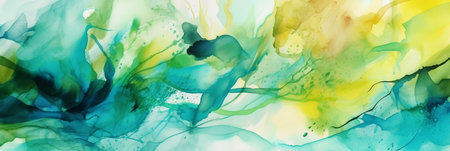 Abstract background of watercolor paints in blue, green and yellow tonesの素材