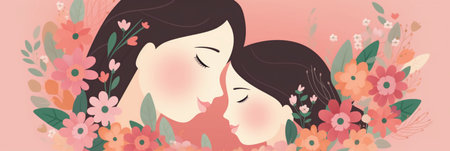 Beautiful vector illustration of a mother with her daughter in a floral backgroundの素材